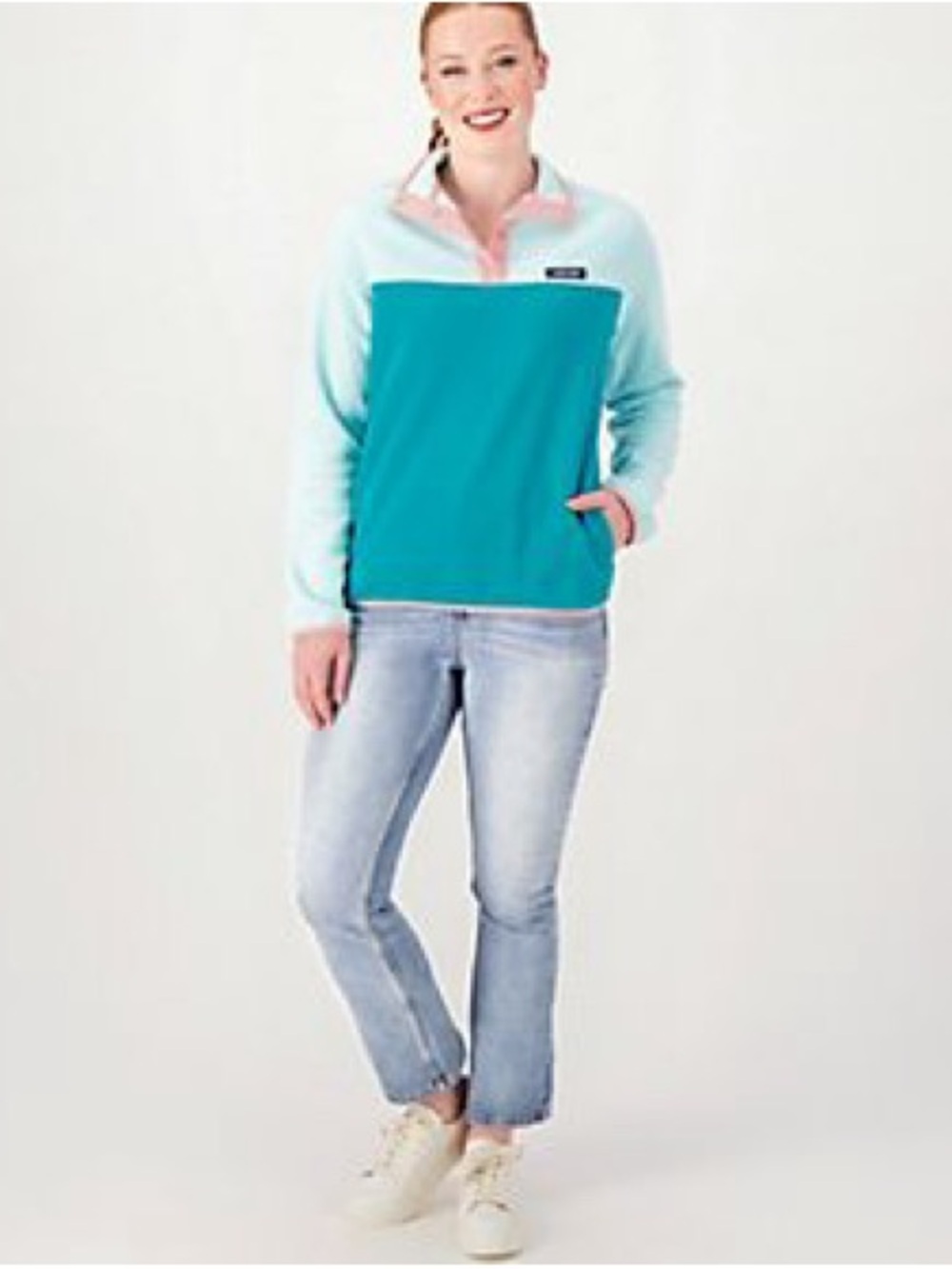 Lands' End Heritage Style Snap Neck Fleece Pullover aqua Colorblock xl